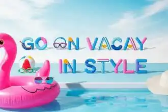 Colorful pool float with flamingo design, sunglasses, and beach accessories on a bright beach scene.