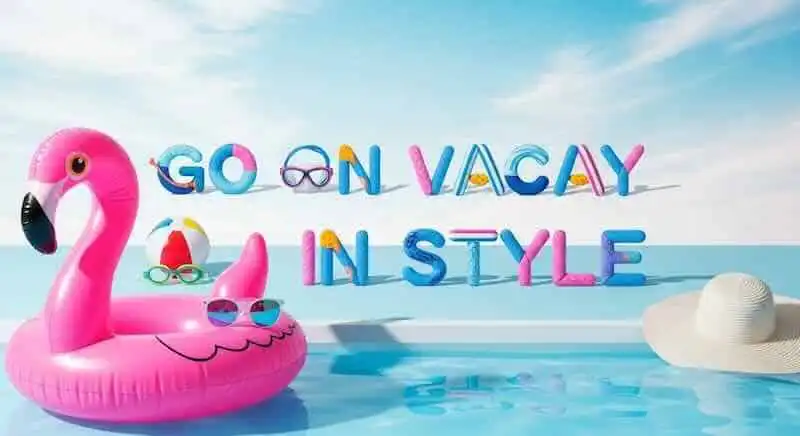 Colorful pool float with flamingo design, sunglasses, and beach accessories on a bright beach scene.