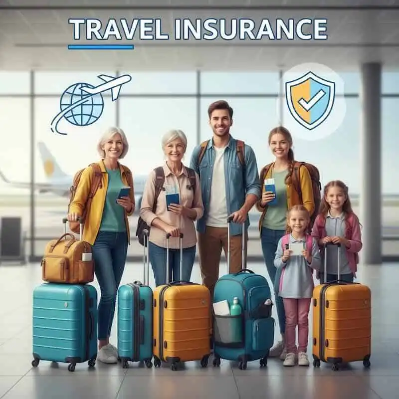 ALT: Group of travelers with luggage at airport, promoting travel insurance benefits.