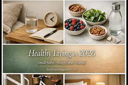 Healthy lifestyle essentials including nutritious food, exercise, and sleep for overall well-being.