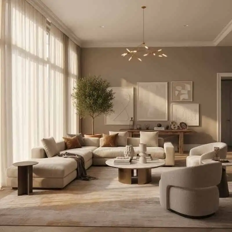 Beautiful modern living room featuring beige sofa, stylish armchairs, and natural light.