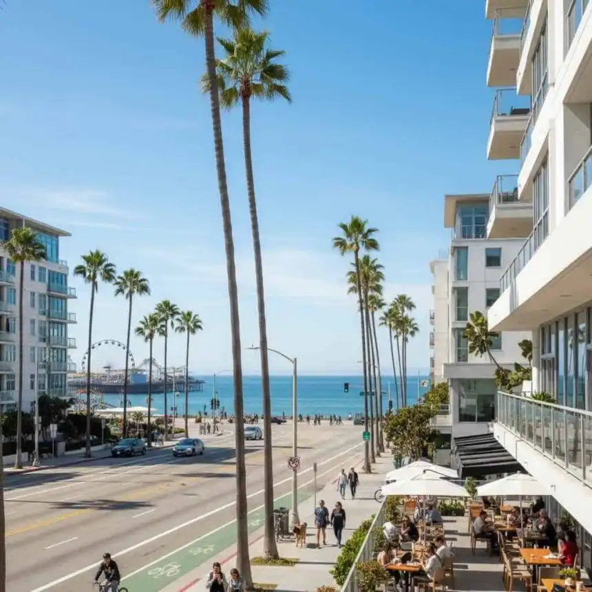 Beautiful coastal street scene with palm trees, ocean in background, outdoor dining, residential buildings, blue sky, California coast.
