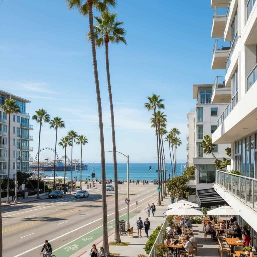 Beautiful coastal street scene with palm trees, ocean in background, outdoor dining, residential buildings, blue sky, California coast.