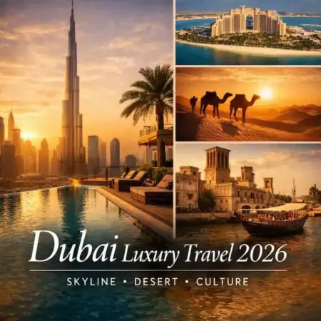 Dubai Luxury Travel 2026: Where Innovation Meets Elegance Luxury Dubai skyline and desert scenes for travel in 2026.