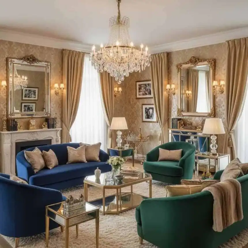 Opulent living room interior featuring chandelier, velvet sofas, gold accents, and framed artwork for elegant home decor.