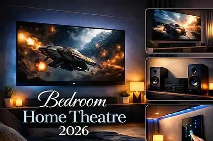 High-tech bedroom home theater setup with large TV, sound system, and mood lighting.