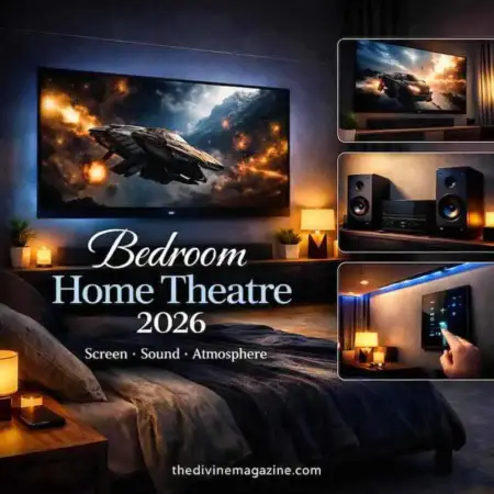 High-tech bedroom home theater setup with large TV, sound system, and mood lighting.