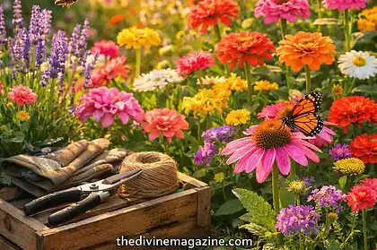 Beautiful vibrant flower garden with colorful blooms and gardening tools in sunlight.