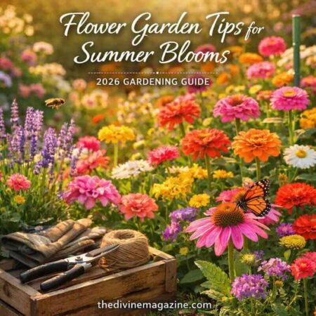 8 Flower Garden Tips for Vibrant Blooms All Summer Beautiful vibrant flower garden with colorful blooms and gardening tools in sunlight.