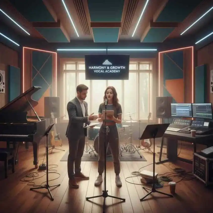 Modern recording studio with vocalists rehearsing for a performance, surrounded by musical equipment.