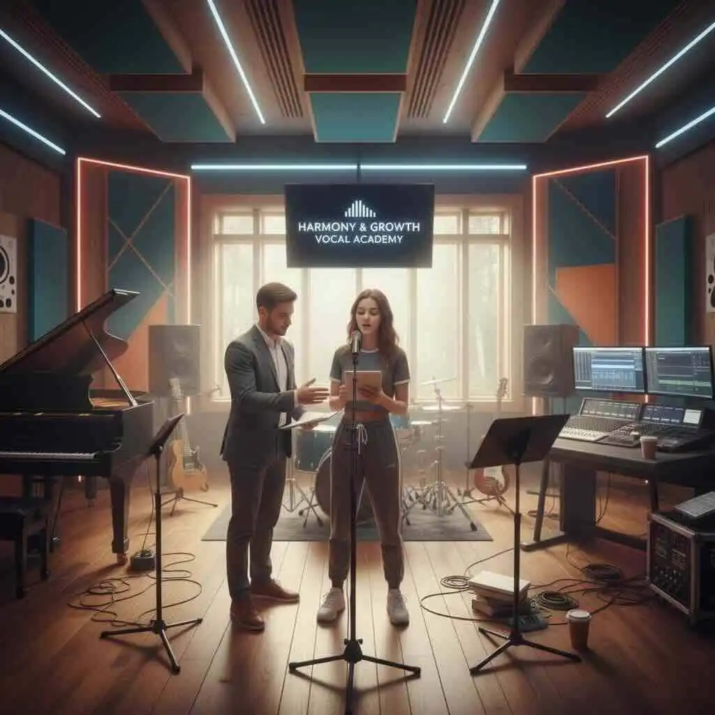 Modern recording studio with vocalists rehearsing for a performance, surrounded by musical equipment.