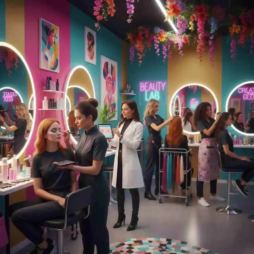 Bright beauty salon with makeup artists, vibrant decor, floral ceiling, and neon signs, showcasing a fun and trendy environment for beauty and glam services.