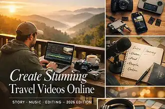 Travel videography setup with camera, drone, and editing tools for stunning videos.