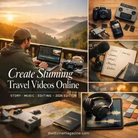 Create Stunning Travel Videos Online (2026 Guide) Travel videography setup with camera, drone, and editing tools for stunning videos.