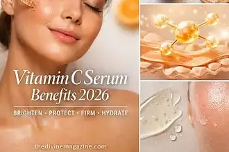 Woman receiving facial treatment with vitamin C serum and skincare ingredients.