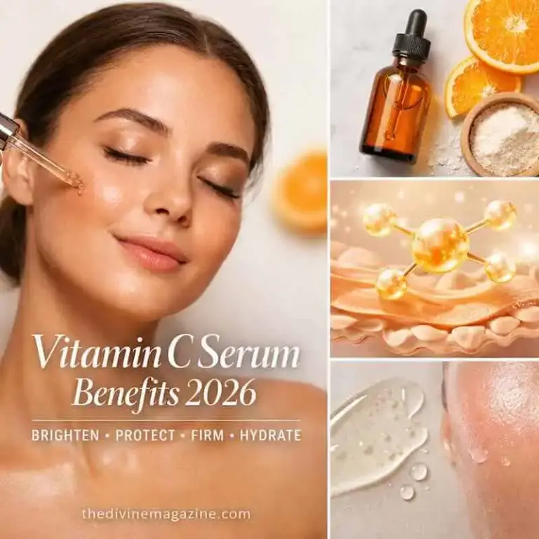 Vitamin C Serum Benefits 2026: Brighter, Firmer, Healthier Skin Woman receiving facial treatment with vitamin C serum and skincare ingredients.