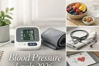 Digital blood pressure monitor with healthy lifestyle items.