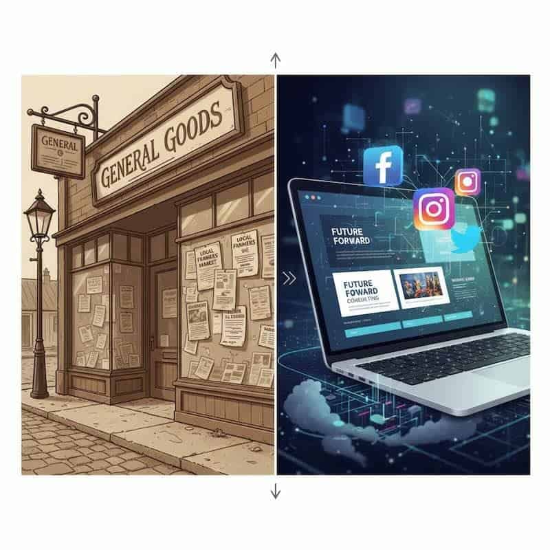 Alt: Vintage illustration of a general store with bulletin boards and lantern outside.