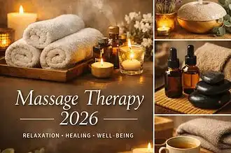 Relaxing massage therapy with candles, essential oils, and towels for stress relief and mental welln.