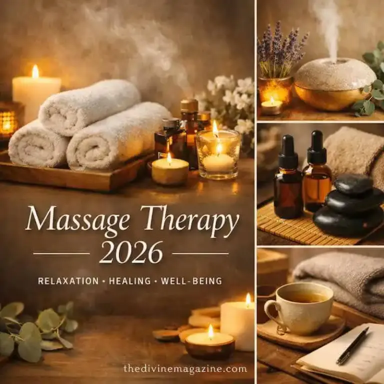 Relaxing massage therapy with candles, essential oils, and towels for stress relief and mental welln.
