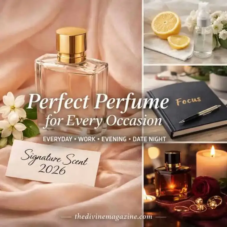Elegant perfume bottle with a gold cap, perfect for daily, work, evening, and date night fragrances.