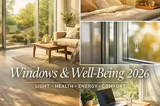 Bright living room with large windows and sunlight streaming in, promoting health and comfort.