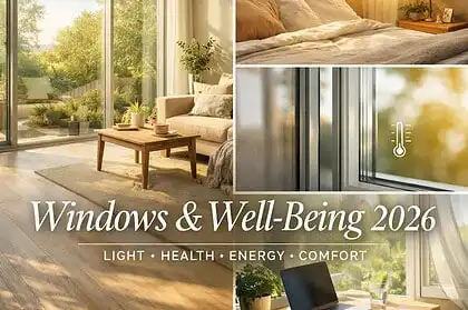 Bright living room with large windows and sunlight streaming in, promoting health and comfort.