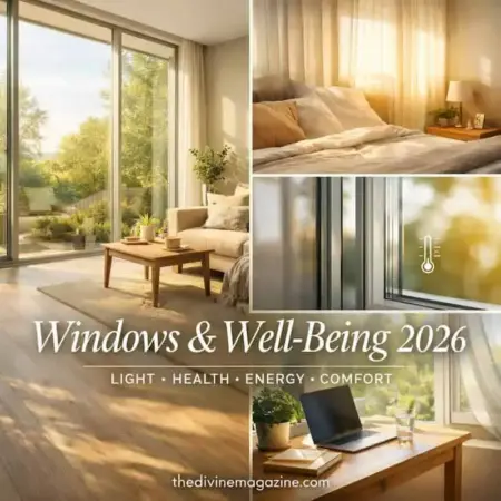 Windows and Well‑Being 2026: Health Benefits of Natural Light Bright living room with large windows and sunlight streaming in, promoting health and comfort.
