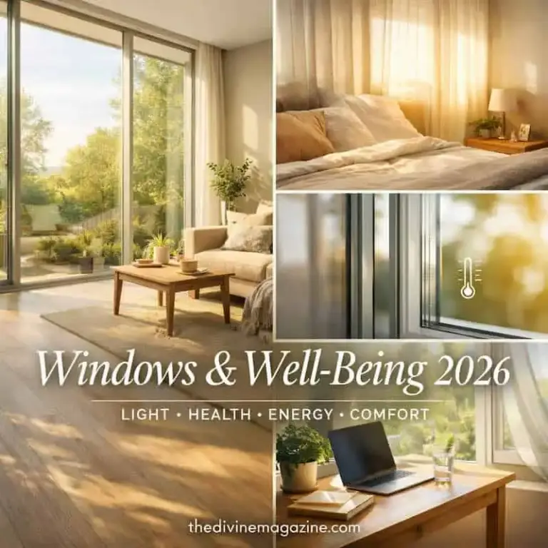 Bright living room with large windows and sunlight streaming in, promoting health and comfort.