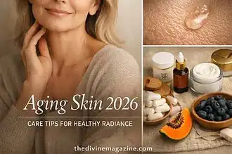 Woman with healthy glowing skin, skincare products, and natural remedies for aging skin.