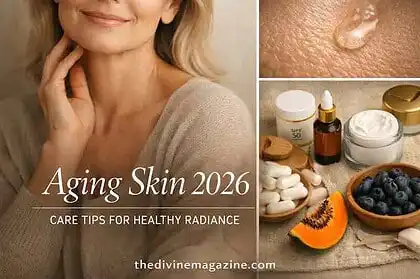 Woman with healthy glowing skin, skincare products, and natural remedies for aging skin.