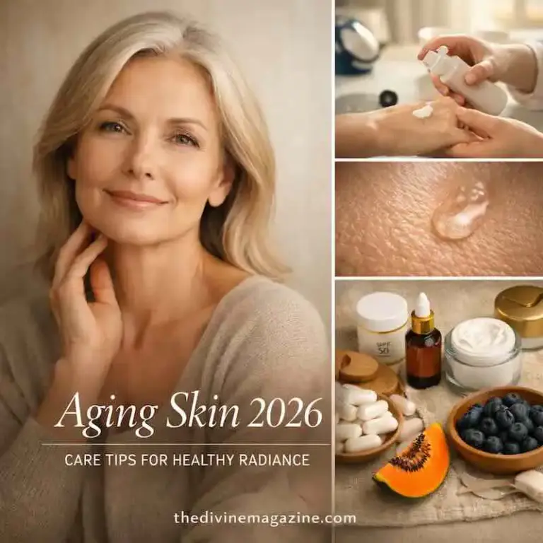 Woman with healthy glowing skin, skincare products, and natural remedies for aging skin.