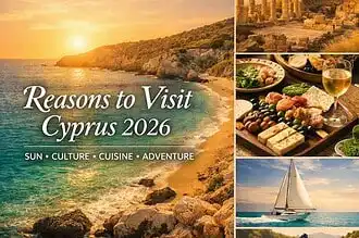 Beautiful sunset over Cyprus coastline with historic ruins and outdoor activities.
