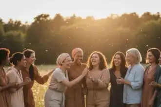 Happy diverse women laughing together in a lush green field during sunset for support and friendship.
