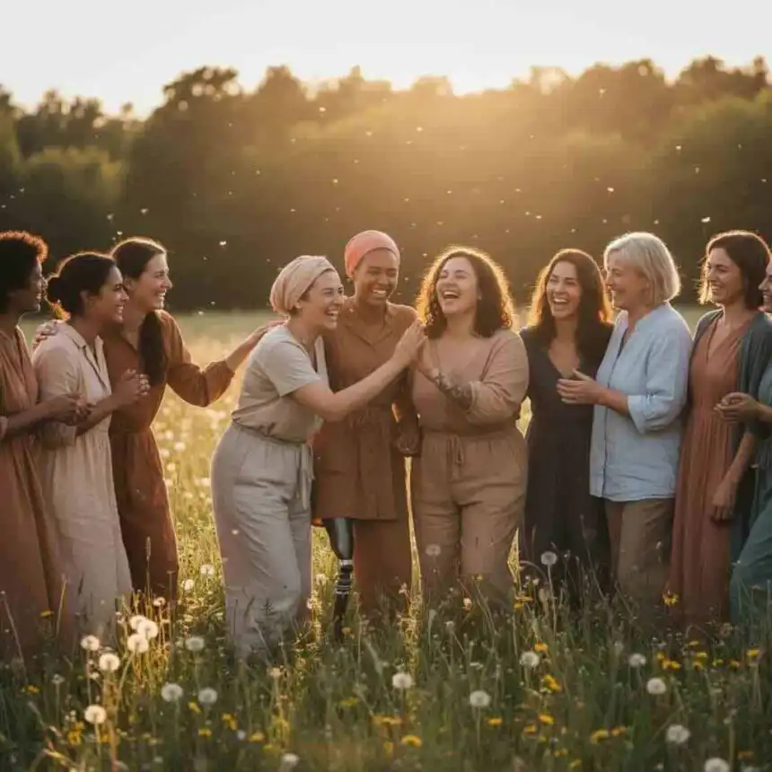 Happy diverse women laughing together in a lush green field during sunset for support and friendship.