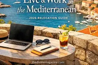 Scenic view of the Mediterranean coast with workspace setup for remote work.