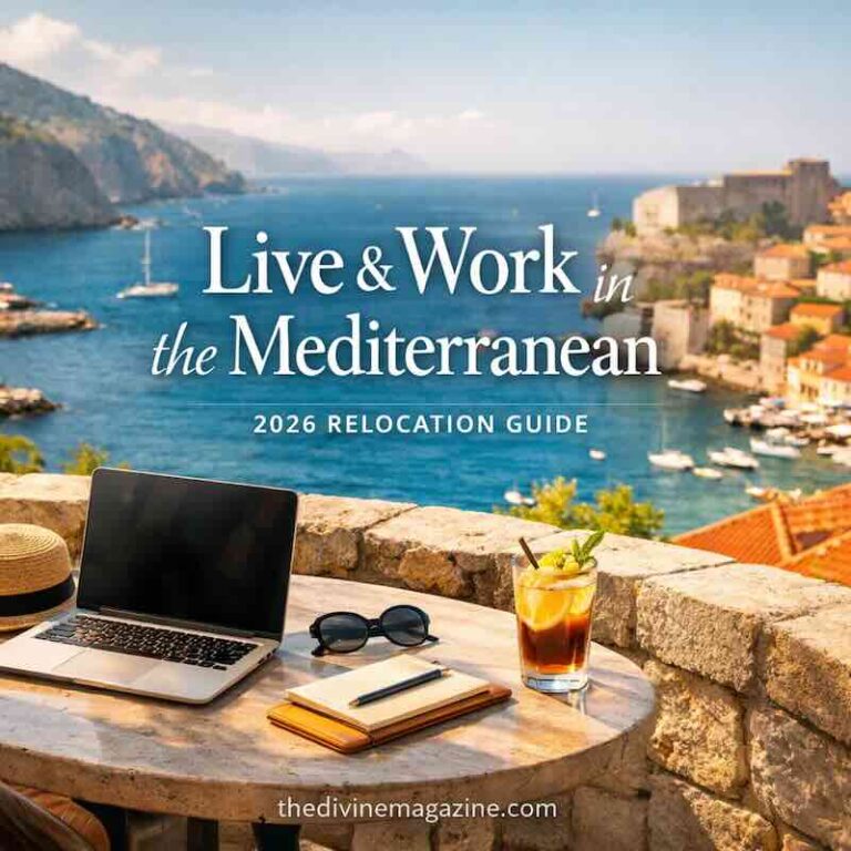 Scenic view of the Mediterranean coast with workspace setup for remote work.