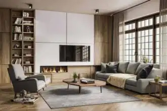 Stylish living room with fireplace, comfortable sofa, and large windows bringing in sunlight.