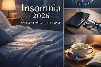 Bedroom scene with moon, clock, and sleep aids for insomnia in 2026.