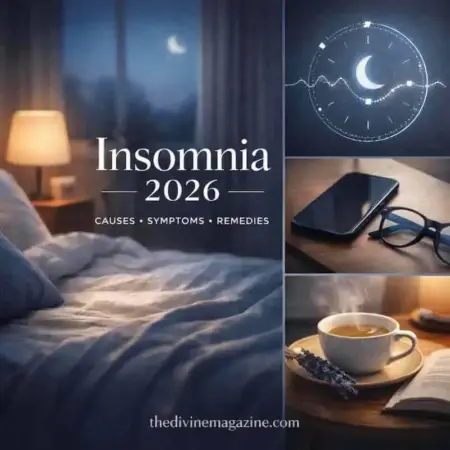 Insomnia in 2026: Causes, Symptoms & Proven Remedies Bedroom scene with moon, clock, and sleep aids for insomnia in 2026.