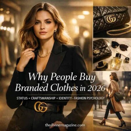 Why People Buy Branded Clothes in 2026 Elegant woman with Gucci accessories, showcasing luxury branded clothes and accessories.