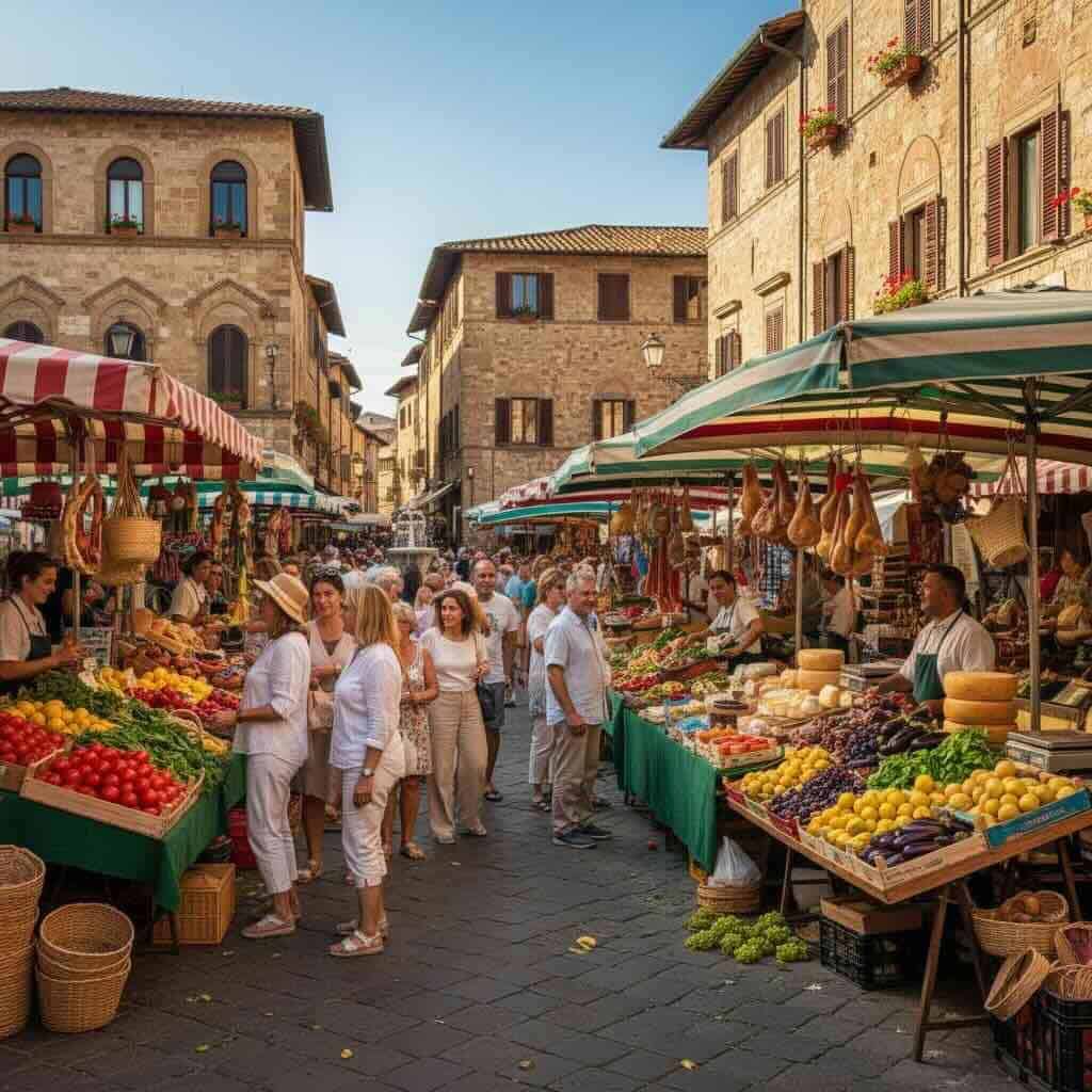 Vibrant outdoor Italian market selling fresh produce and local goods.