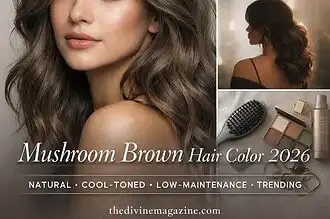 Beautiful woman with mushroom brown hair, showcasing natural, cool-toned hair color trend.