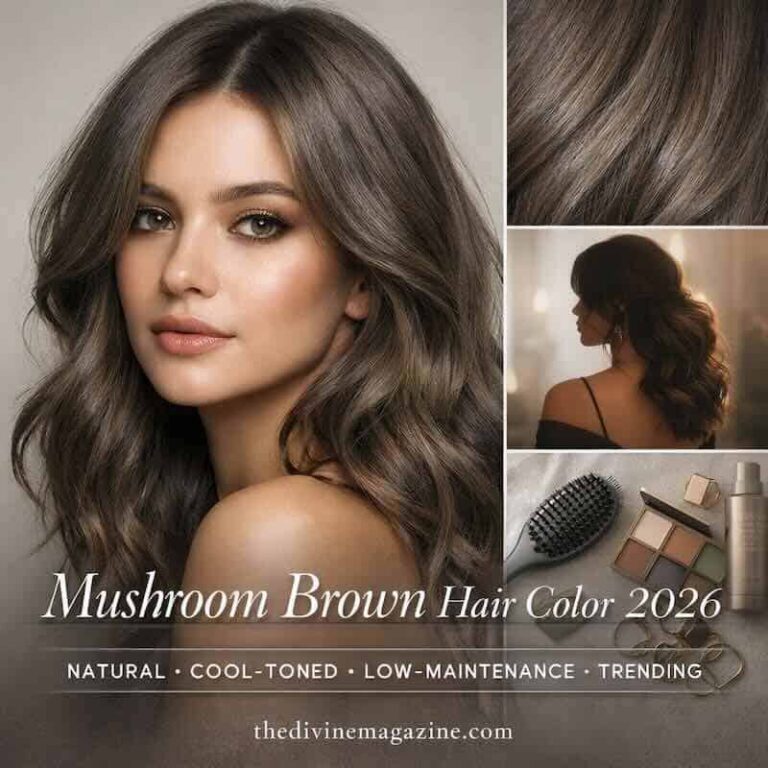 Beautiful woman with mushroom brown hair, showcasing natural, cool-toned hair color trend.