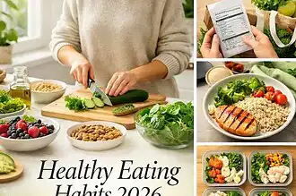 Healthy eating habits for 2026 with nutritious meals and fresh ingredients.