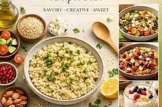 Pearl couscous dish with fresh ingredients and vibrant colors.