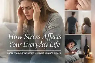 Woman with headache holding her head, stress effects on daily life, anxiety, health issues.