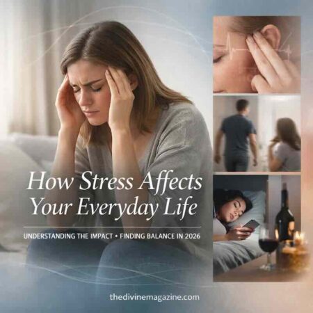 Stress and Wellbeing 2026 – How Stress Impacts Your Daily Life Woman with headache holding her head, stress effects on daily life, anxiety, health issues.