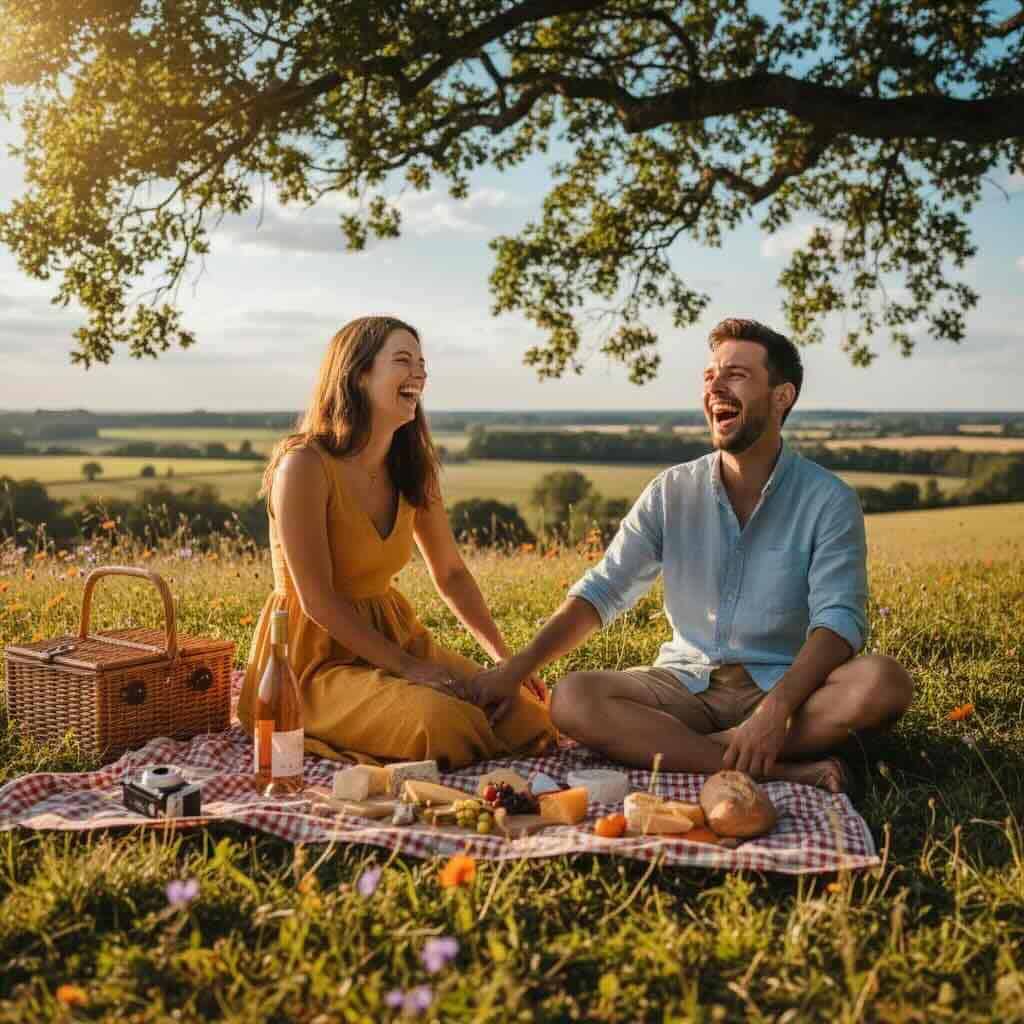 Happy couple enjoying a picnic under a tree in a scenic field.