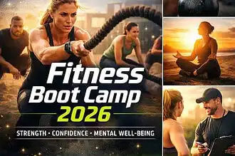 Intense fitness boot camp with diverse exercises for physical and mental health benefits.